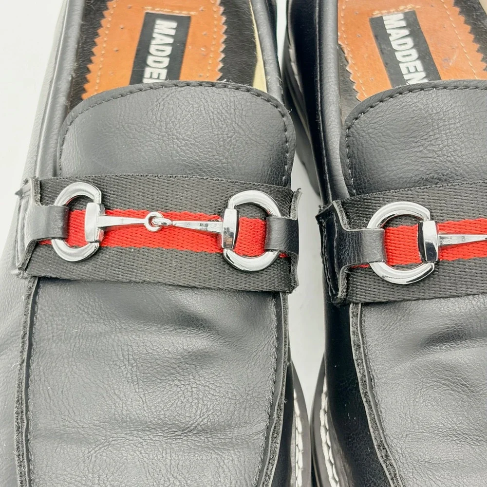 Steve Madden Karver Mens Bit Loafers Black Webbing‎ Strap Lug Sole 9.5
